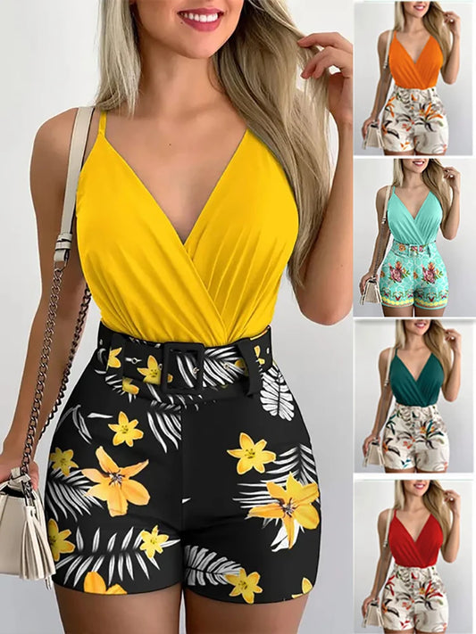 2024 Summer Sexy Fashion Two-piece Hips Beach Women Suspender Shorts Suit Monos Mujer Elegante with Belt