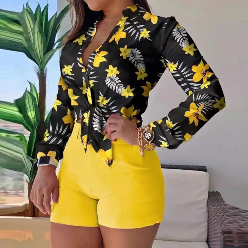 1 Set Women Blouse Shorts Suit Floral Spring Summer Printed Blouse Pure Color Shorts Office Ladies Shirt Shorts