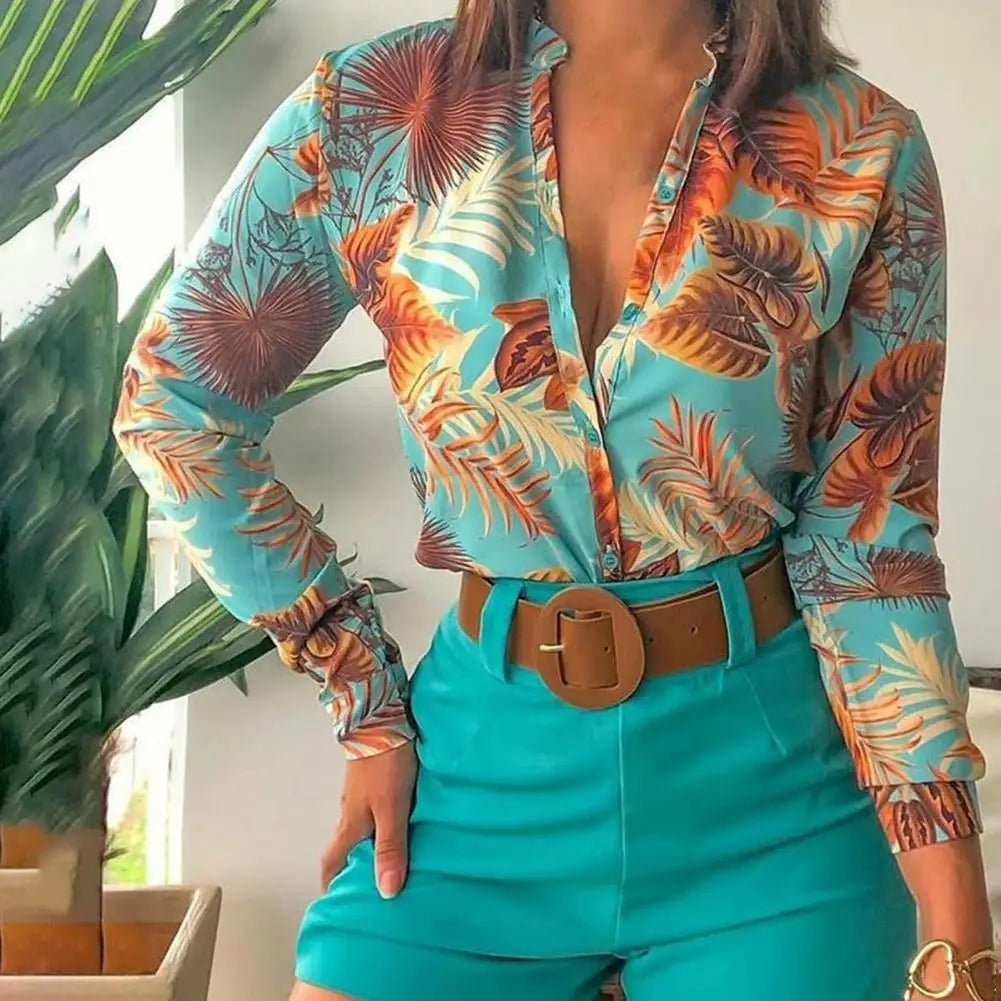 1 Set Women Blouse Shorts Suit Floral Spring Summer Printed Blouse Pure Color Shorts Office Ladies Shirt Shorts