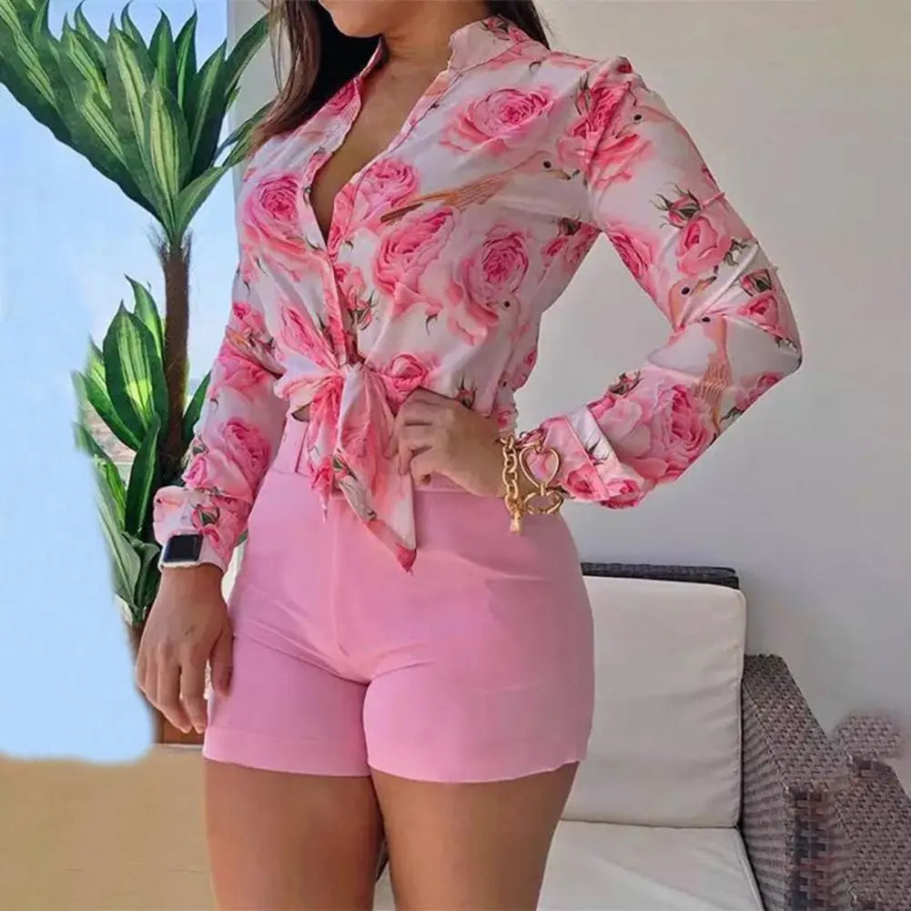 1 Set Women Blouse Shorts Suit Floral Spring Summer Printed Blouse Pure Color Shorts Office Ladies Shirt Shorts